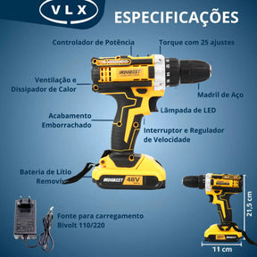 [PROMOÇÃO BLACK FRIDAY] Furadeira e Parafusadeira de Impacto Sem Fio 48V Recarregável, 2 Baterias, Estojo de Armazenamento e 28 Acessórios